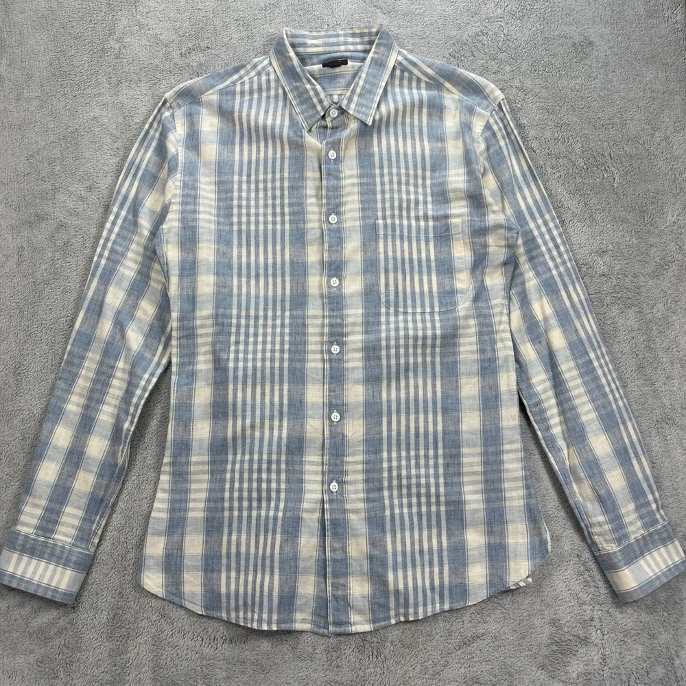 J. Crew Button Down Shirt Men L Blue Plaid Linen Blend Long Sleeve Casual